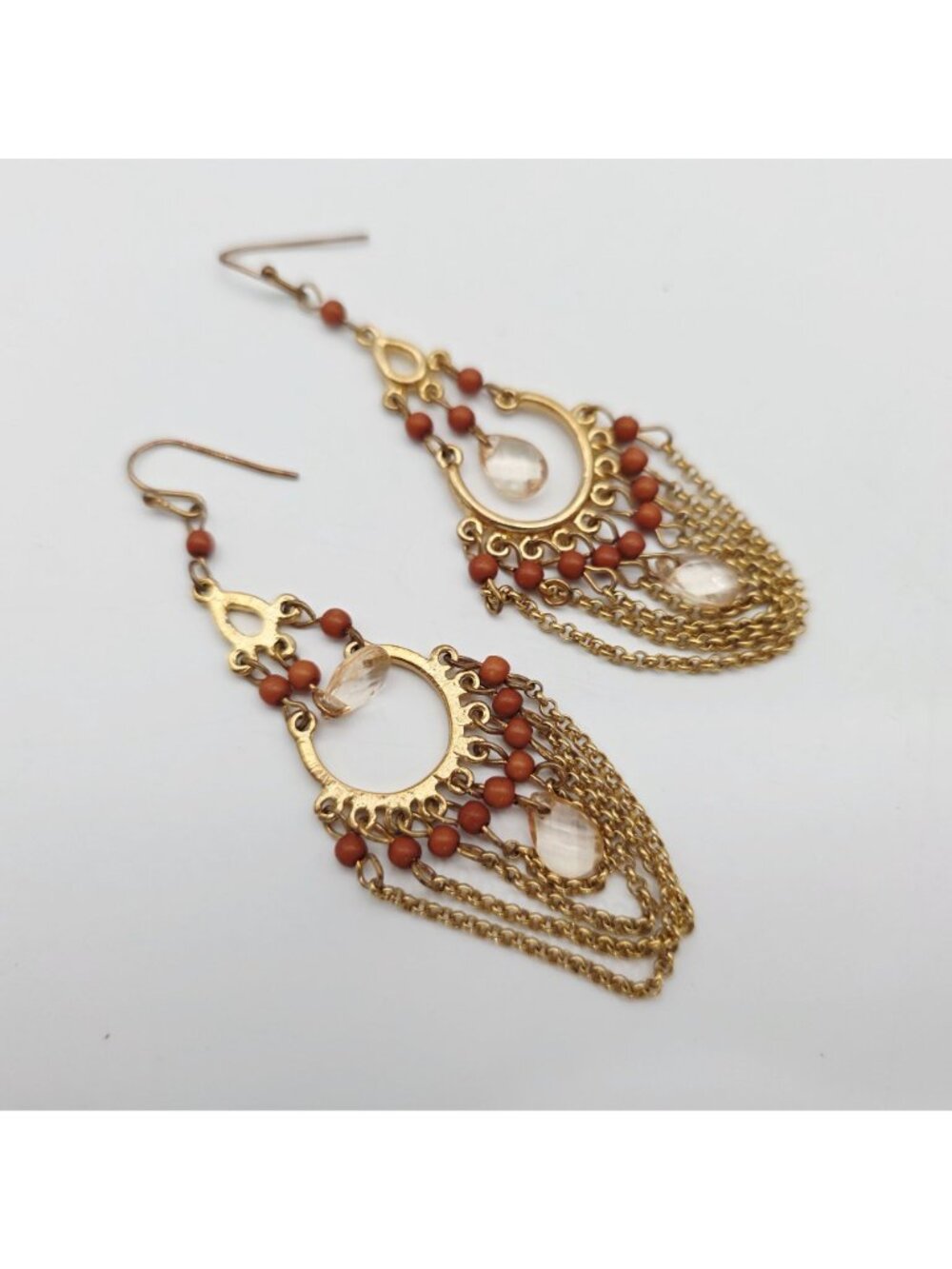 Gold-Tone Boho Dangle Earrings Chains Beads & Clear Crystal Accents Chandelier - Picture 4 of 5